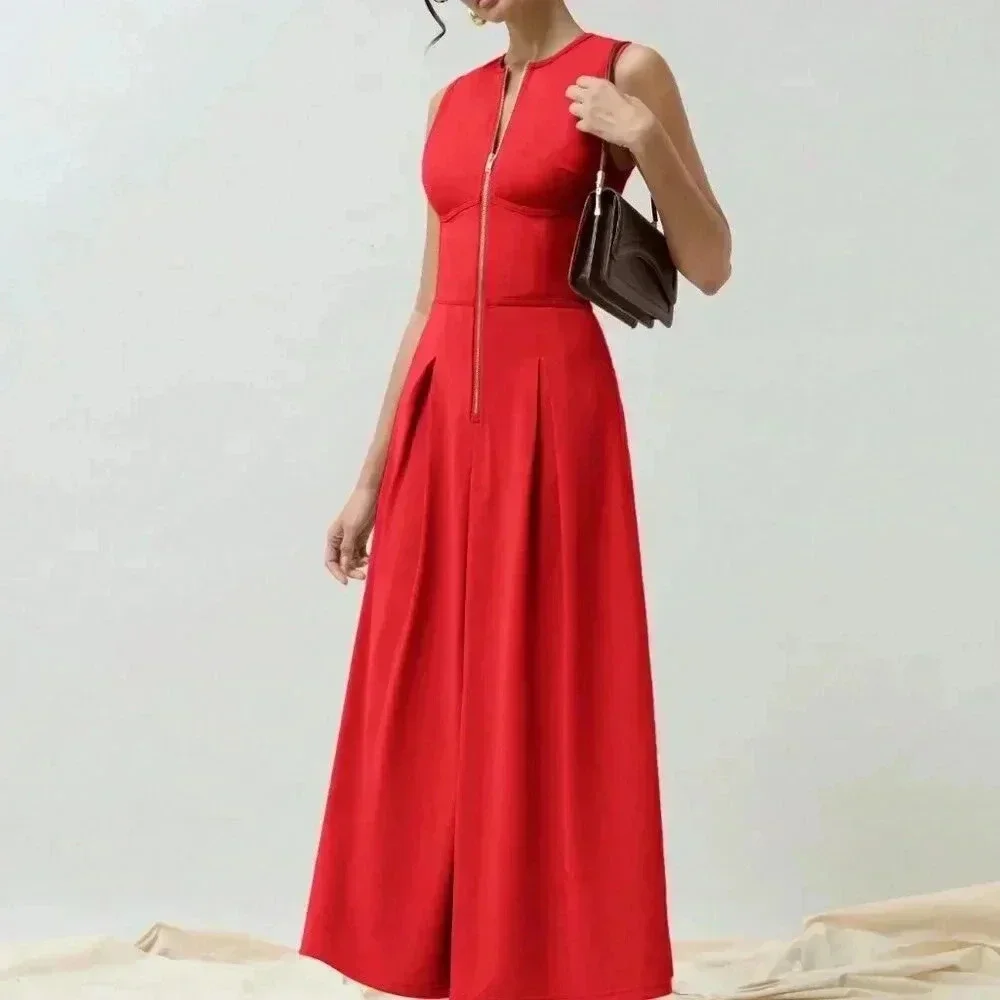 Red Elegant Women's Casual Sleeveless Gold Zipper Waist Gathered Long Dress